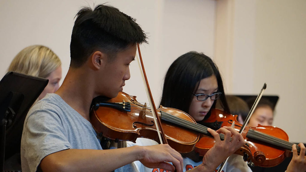 Two teen string players participating in a chamber music workshop